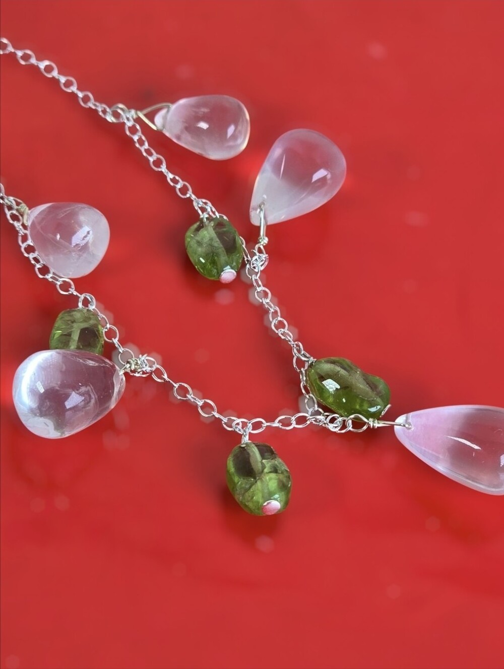 Briolette Rose Quartz 15x19mm and Peridot 925 Sterling Silver Necklace 18"